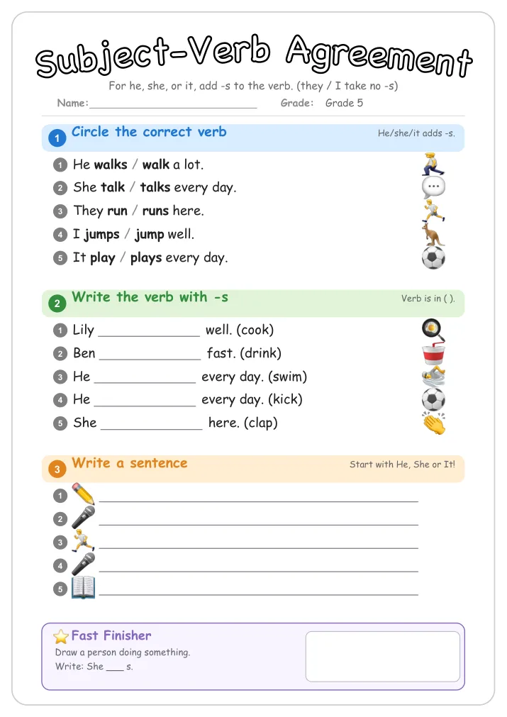 Subject-Verb Agreement grammar worksheet for Grade 5