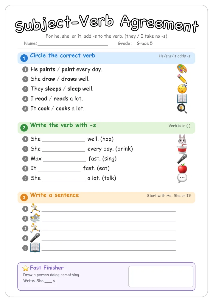 Subject-Verb Agreement grammar worksheet for Grade 5