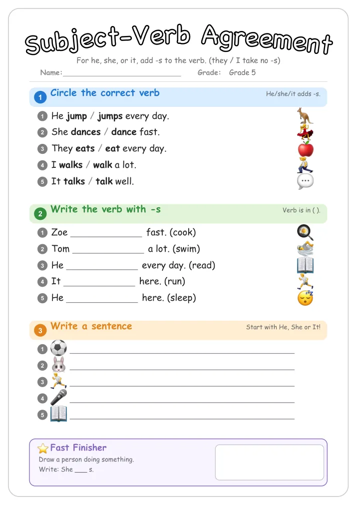 Subject-Verb Agreement grammar worksheet for Grade 5