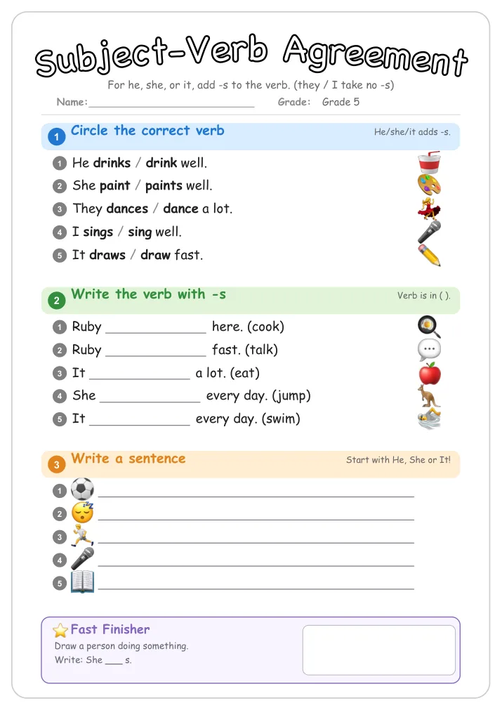 Subject-Verb Agreement grammar worksheet for Grade 5