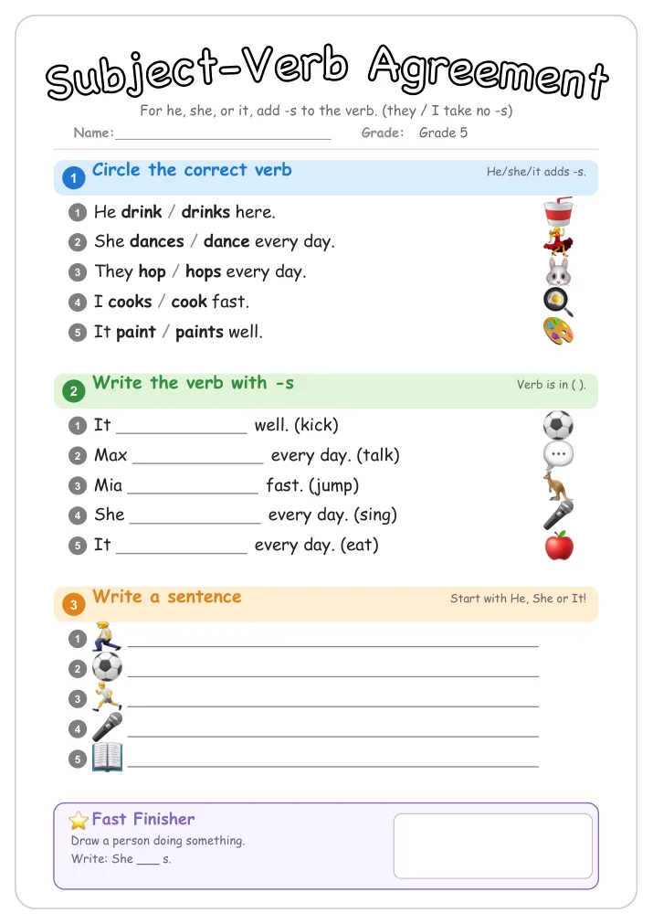 Subject-Verb Agreement grammar worksheet for Grade 5