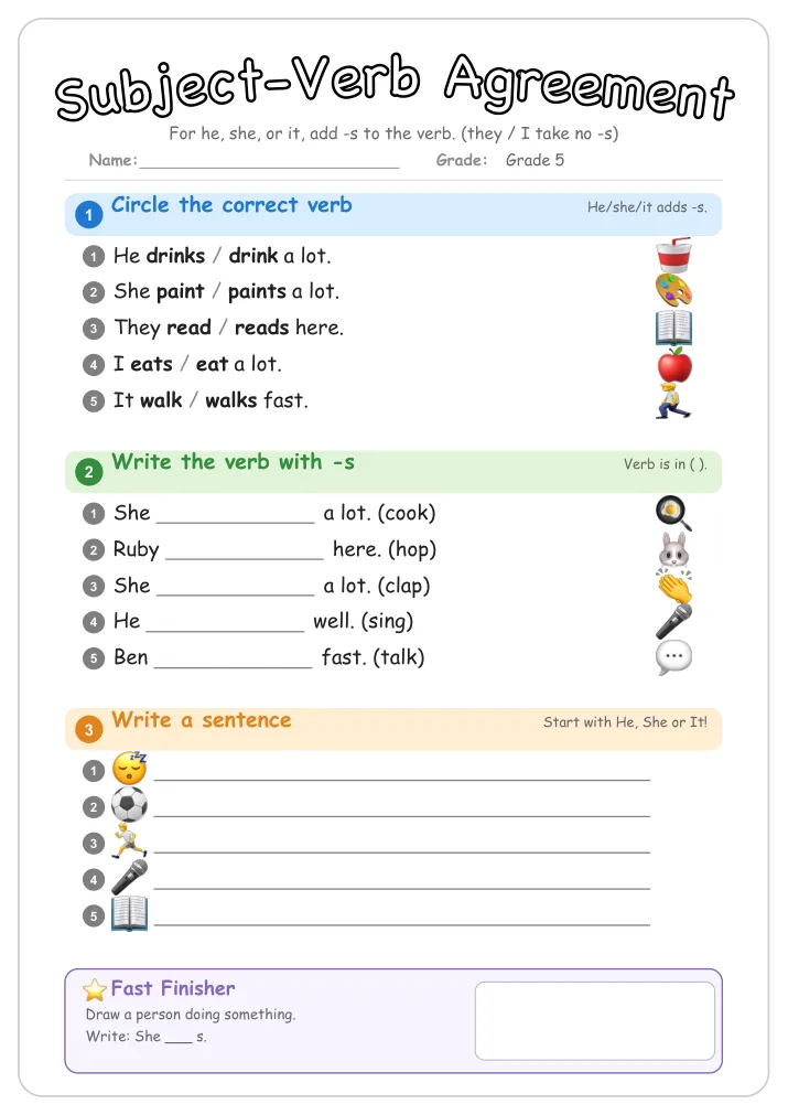 Subject-Verb Agreement grammar worksheet for Grade 5
