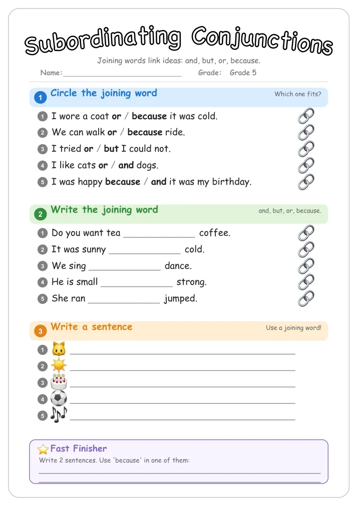 Subordinating Conjunctions grammar worksheet for Grade 5