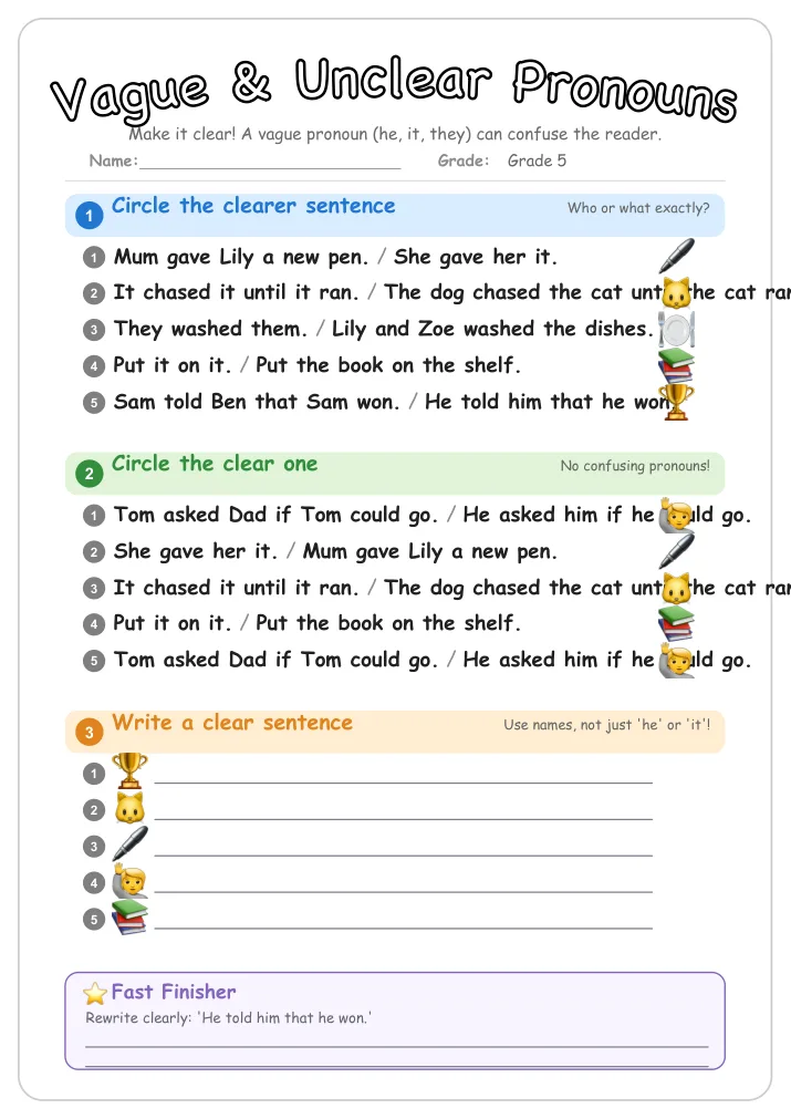 Vague & Unclear Pronouns grammar worksheet for Grade 5