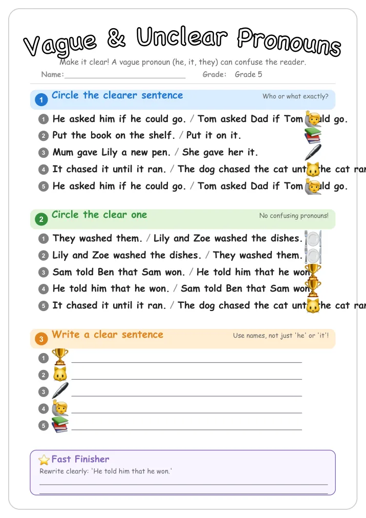 Vague & Unclear Pronouns grammar worksheet for Grade 5