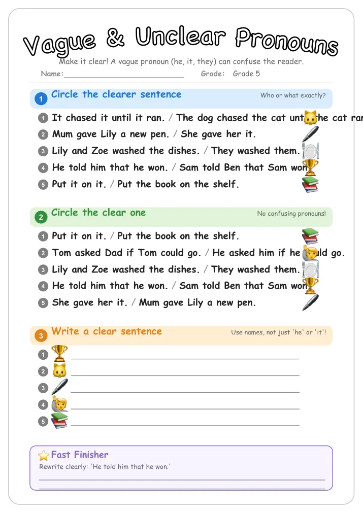 Vague & Unclear Pronouns grammar worksheet for Grade 5