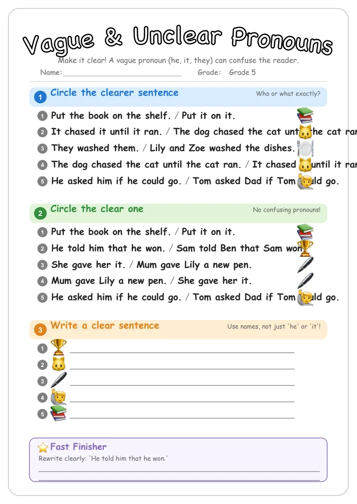 Vague & Unclear Pronouns grammar worksheet for Grade 5
