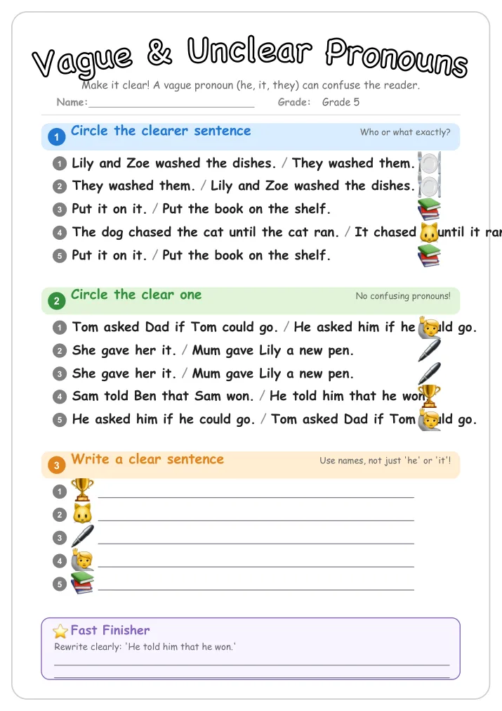 Vague & Unclear Pronouns grammar worksheet for Grade 5