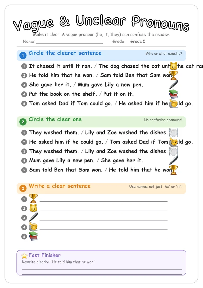 Vague & Unclear Pronouns grammar worksheet for Grade 5
