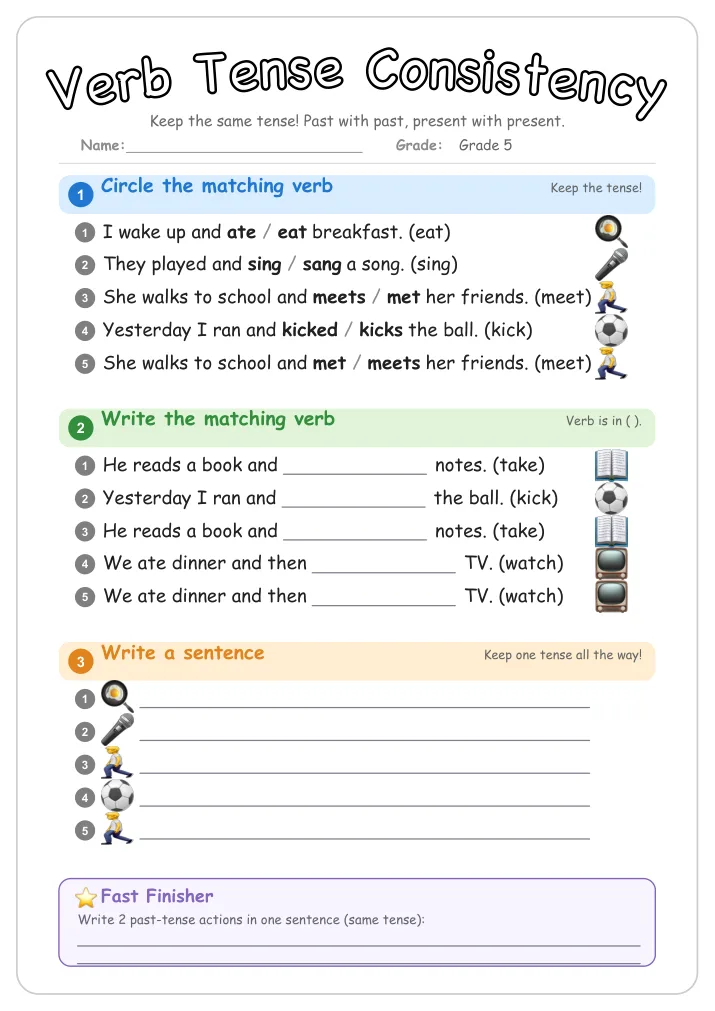 Verb Tense Consistency grammar worksheet for Grade 5