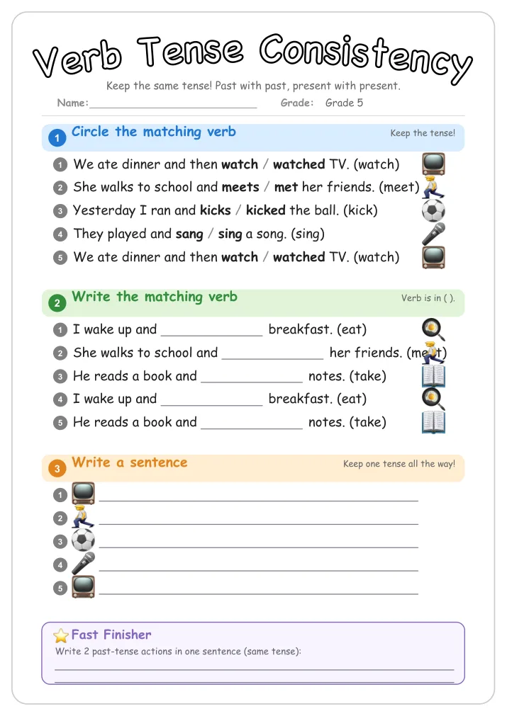Verb Tense Consistency grammar worksheet for Grade 5