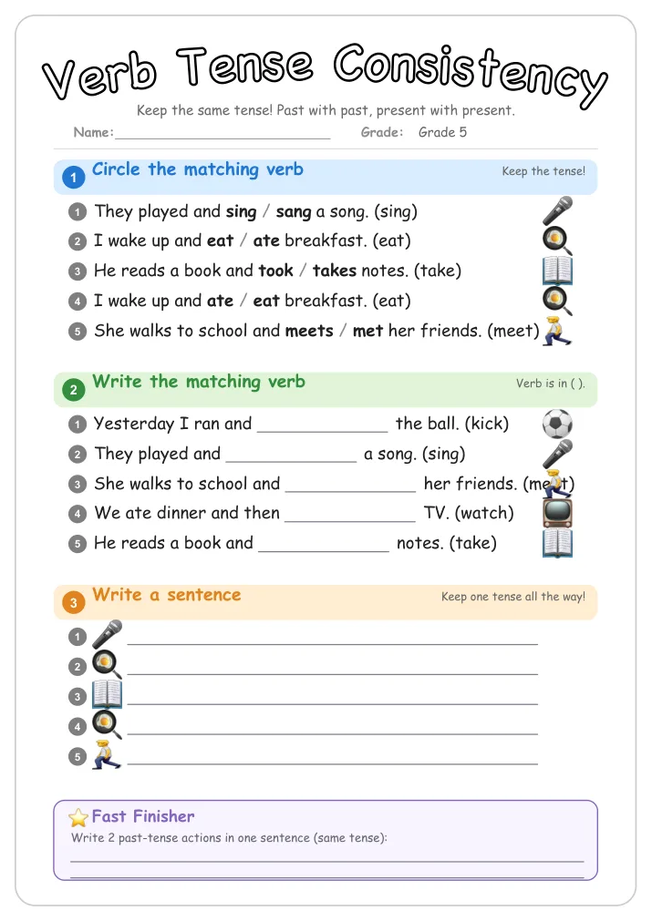 Verb Tense Consistency grammar worksheet for Grade 5
