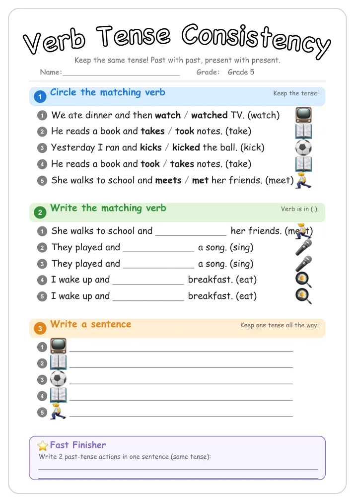 Verb Tense Consistency grammar worksheet for Grade 5