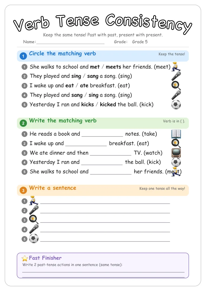 Verb Tense Consistency grammar worksheet for Grade 5