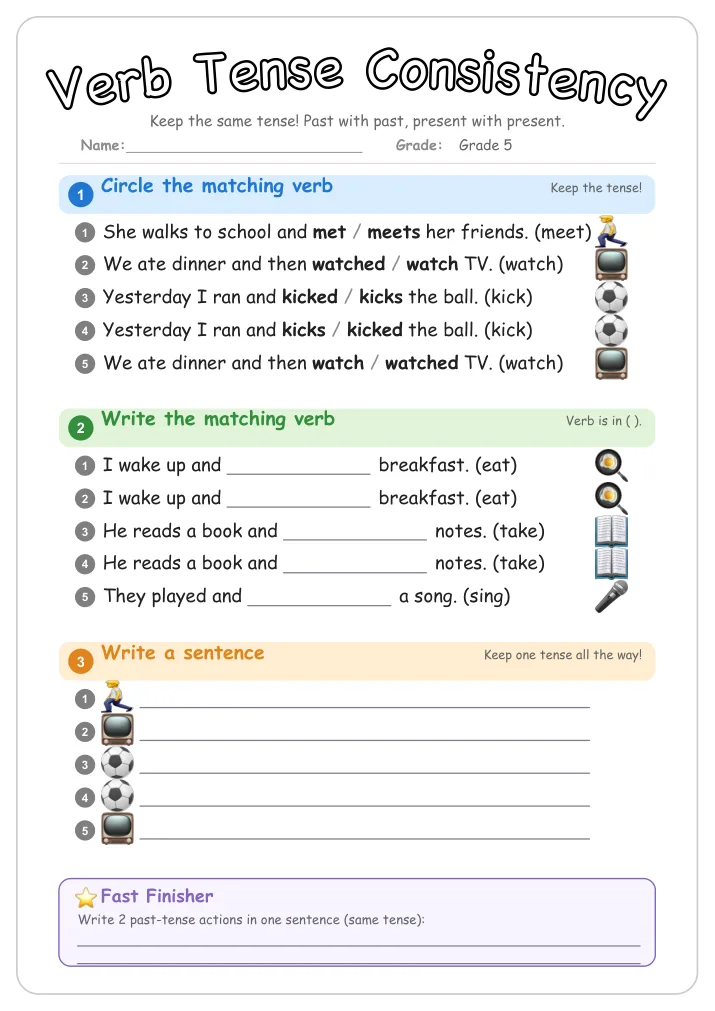 Verb Tense Consistency grammar worksheet for Grade 5