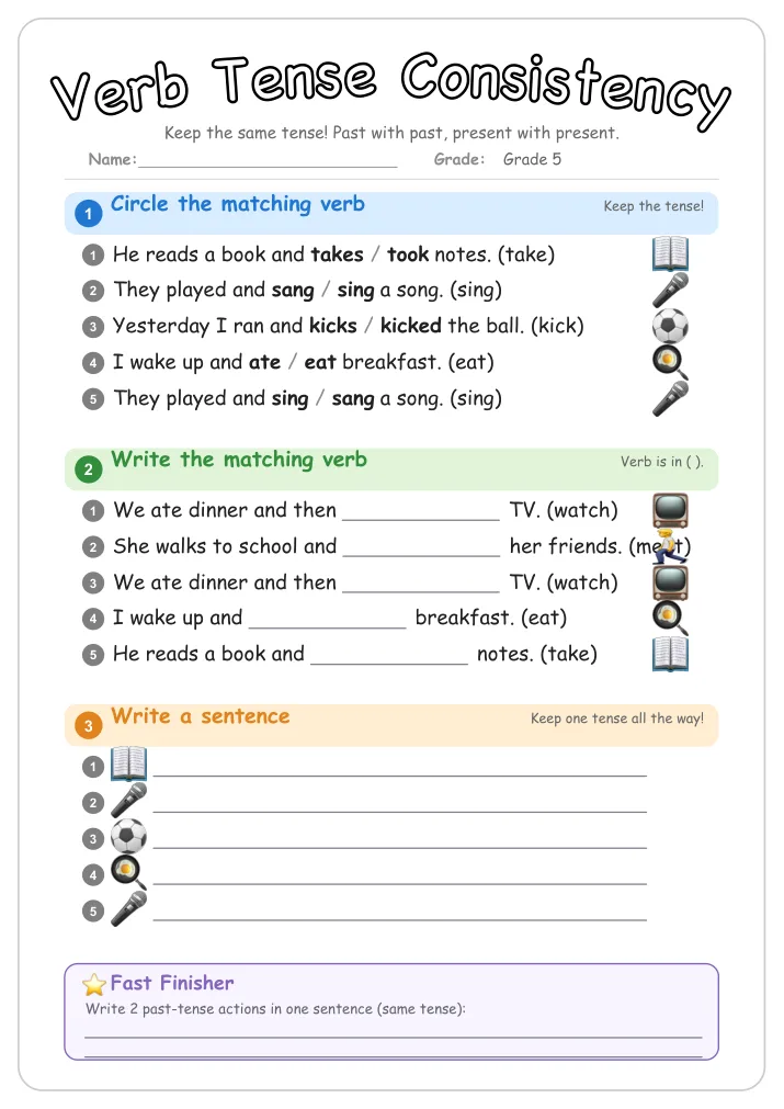 Verb Tense Consistency grammar worksheet for Grade 5