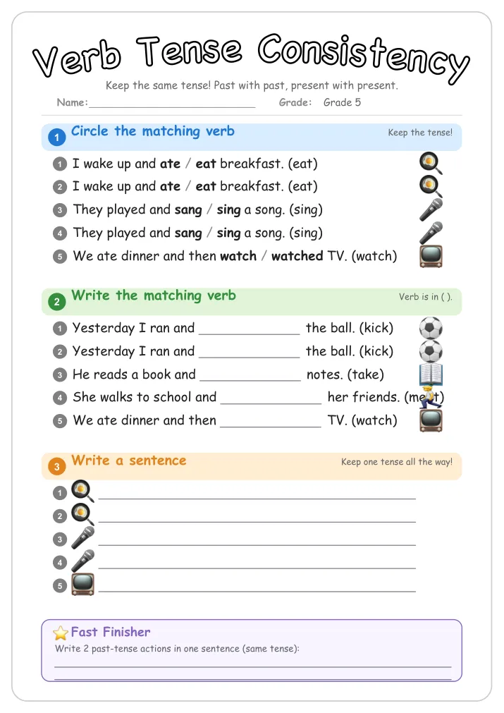 Verb Tense Consistency grammar worksheet for Grade 5