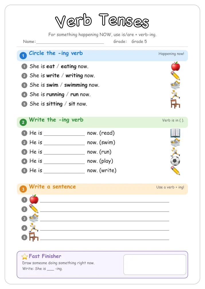 Verb Tenses grammar worksheet for Grade 5