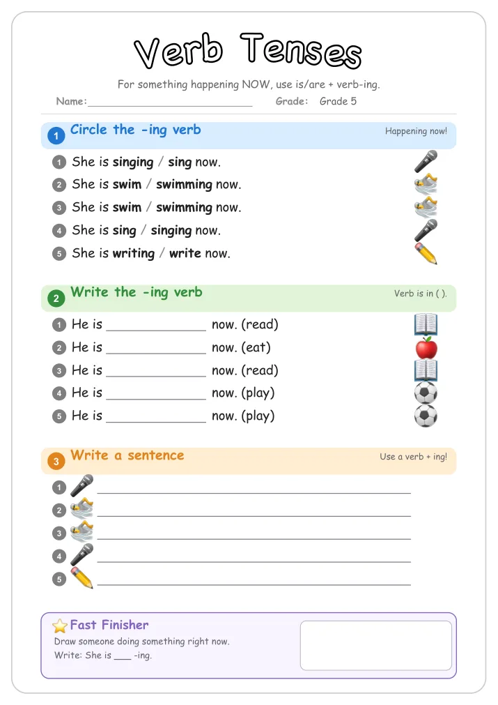 Verb Tenses grammar worksheet for Grade 5