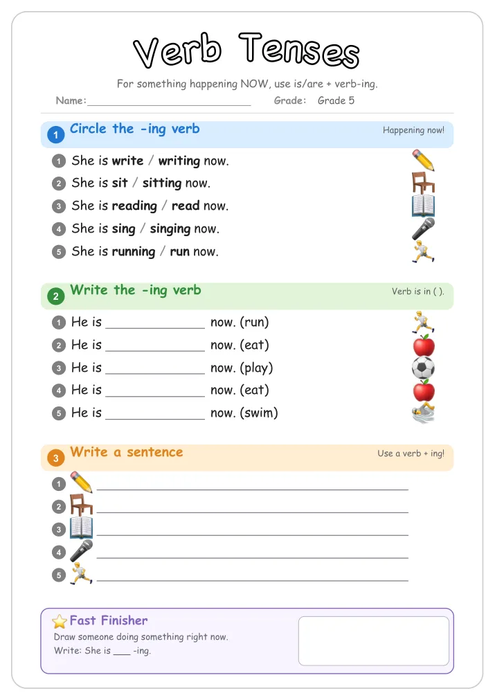 Verb Tenses grammar worksheet for Grade 5