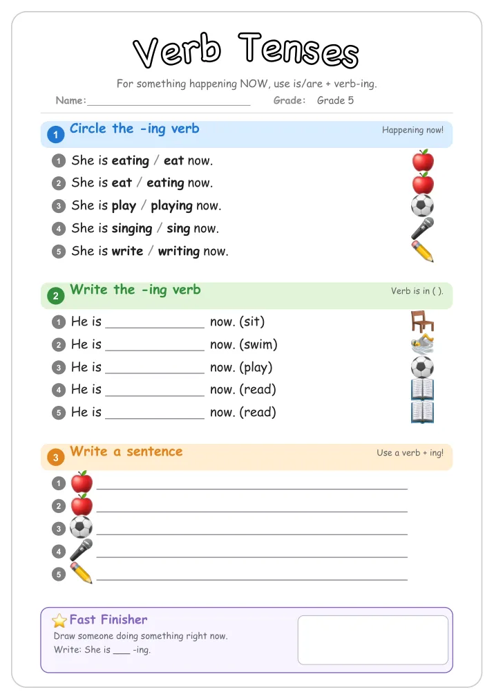 Verb Tenses grammar worksheet for Grade 5
