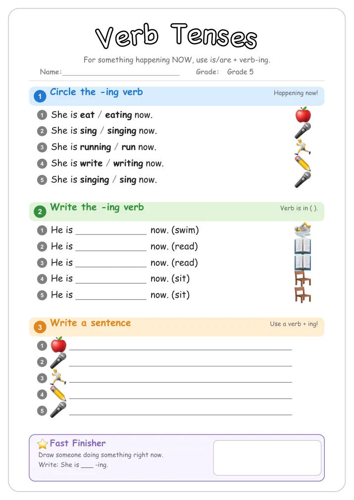 Verb Tenses grammar worksheet for Grade 5