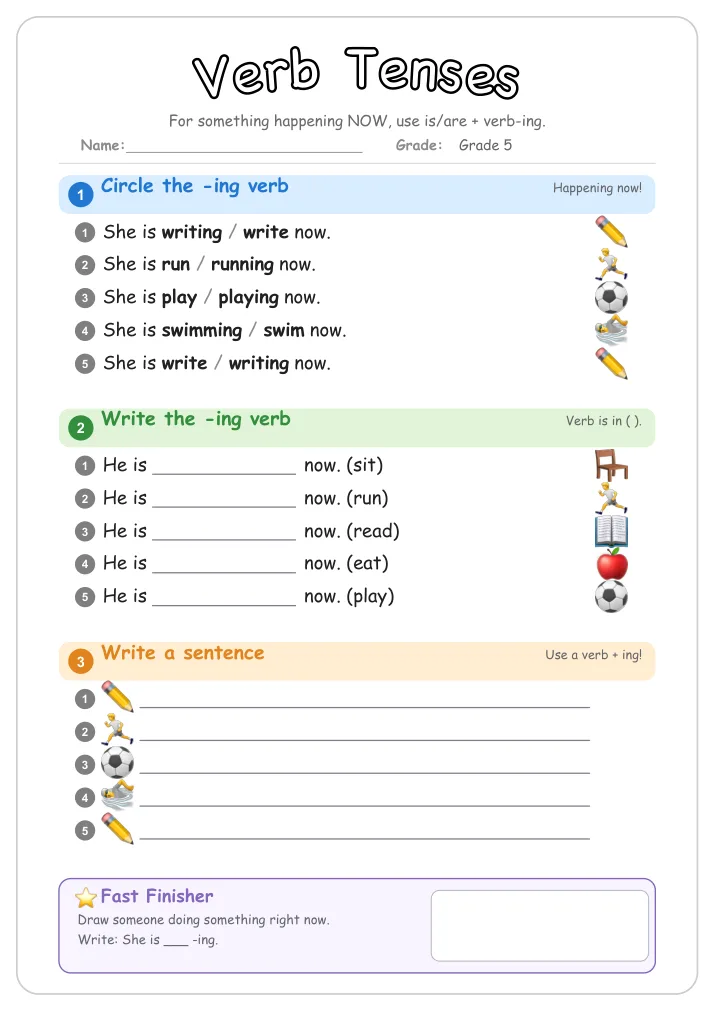 Verb Tenses grammar worksheet for Grade 5