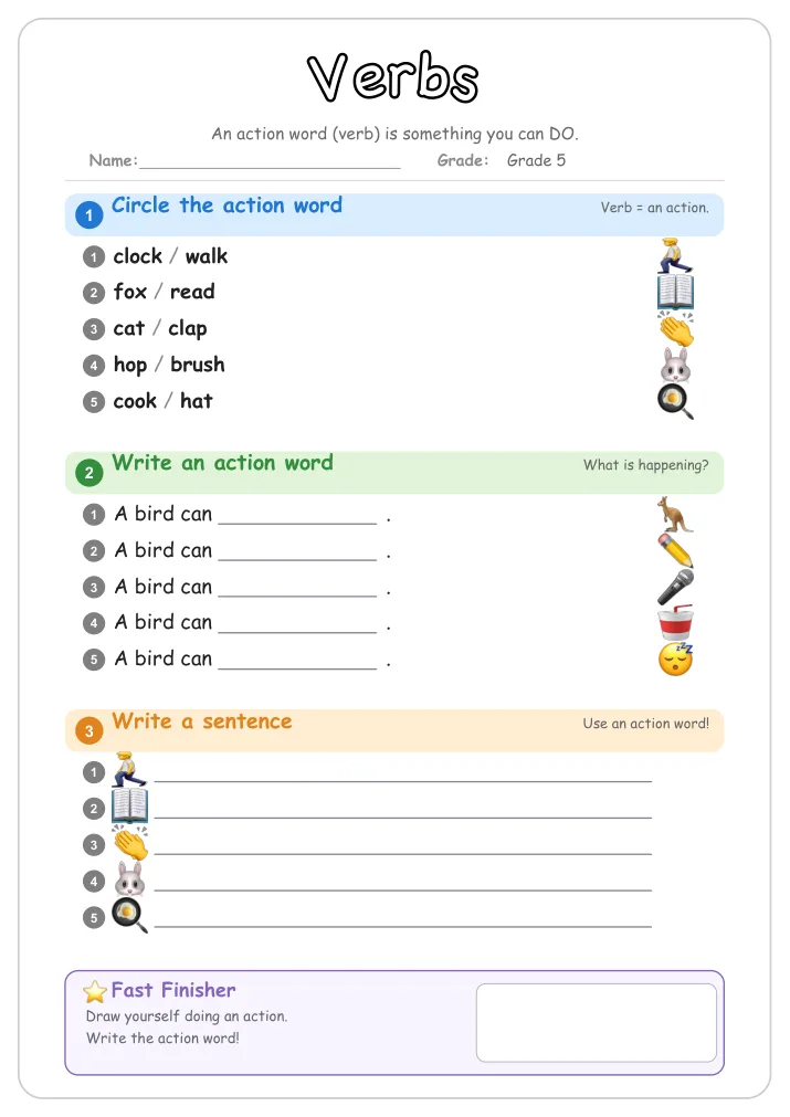 Verbs grammar worksheet for Grade 5