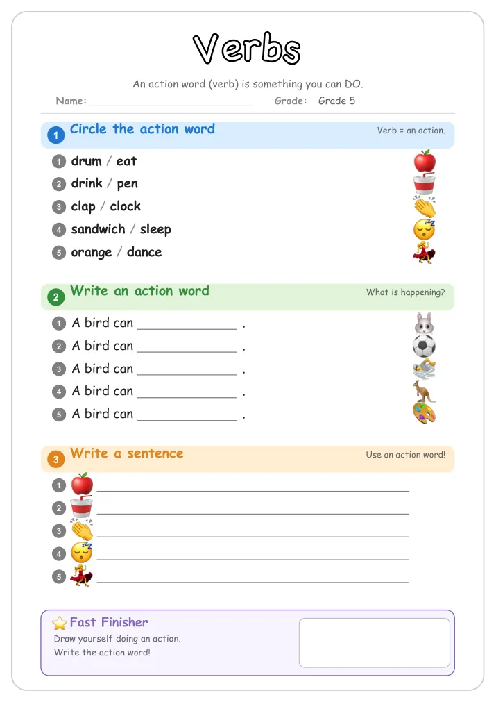 Verbs grammar worksheet for Grade 5