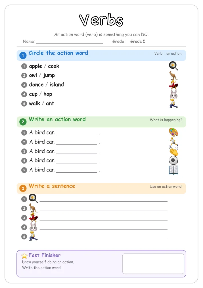 Verbs grammar worksheet for Grade 5