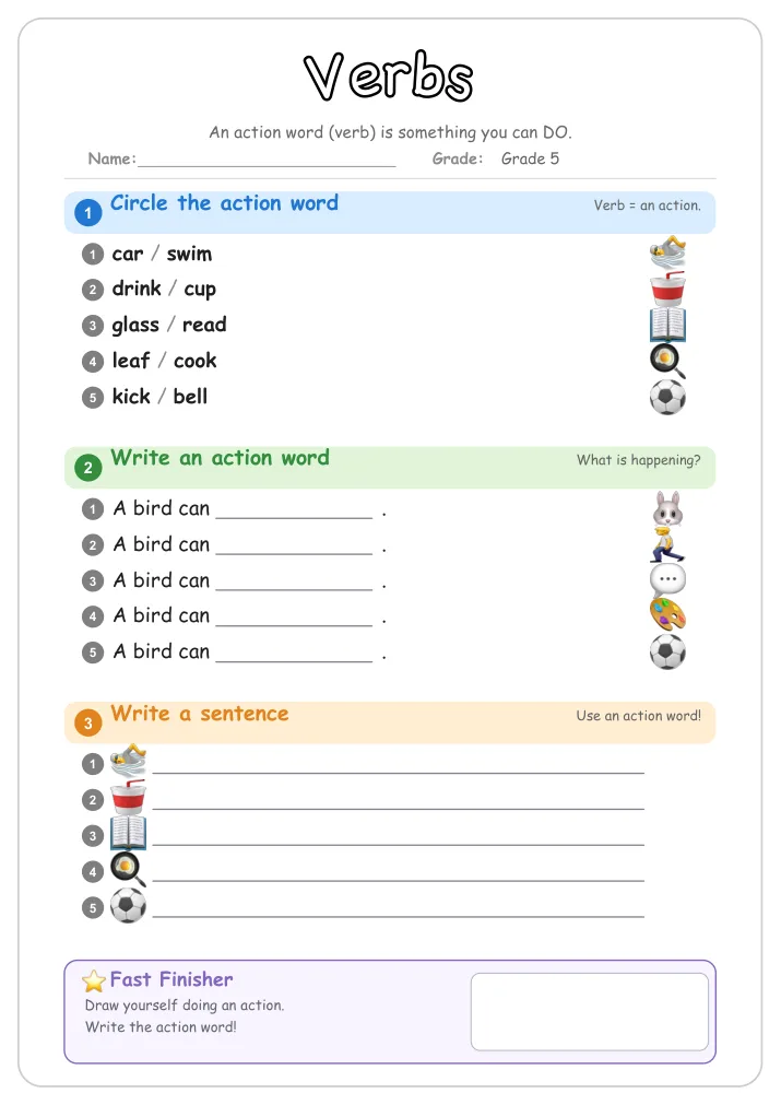 Verbs grammar worksheet for Grade 5