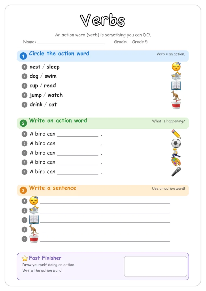Verbs grammar worksheet for Grade 5