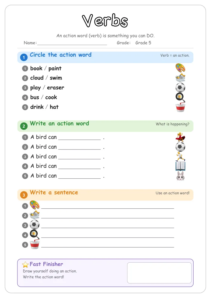 Verbs grammar worksheet for Grade 5