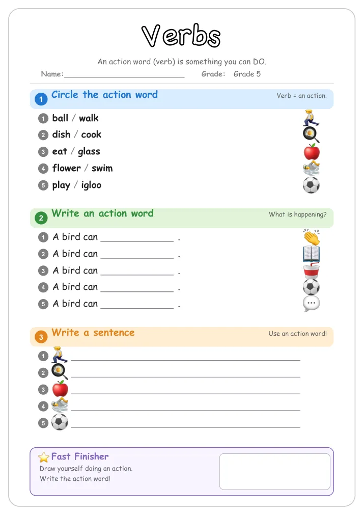 Verbs grammar worksheet for Grade 5