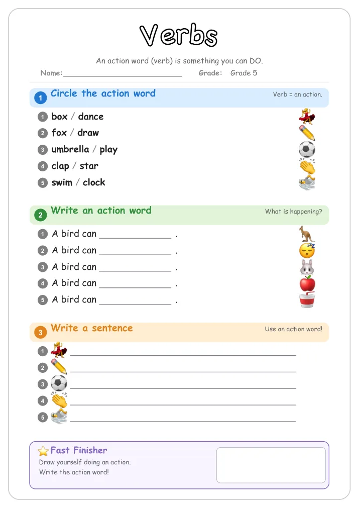 Verbs grammar worksheet for Grade 5