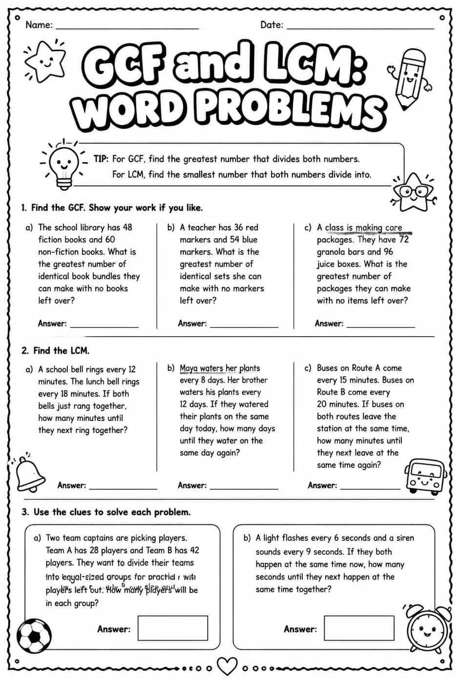 GCF and LCM: word problems — free printable Grade 6 math worksheet