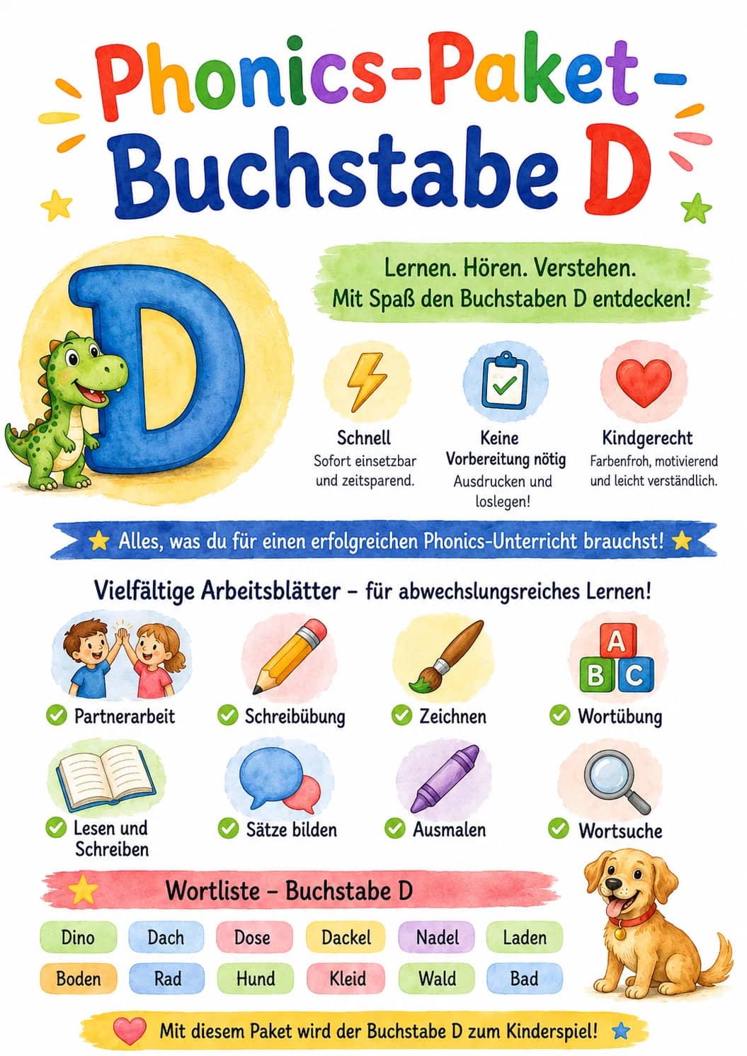 German Letter D Phonics Worksheets Pack printable worksheet pack preview from KiwiBee