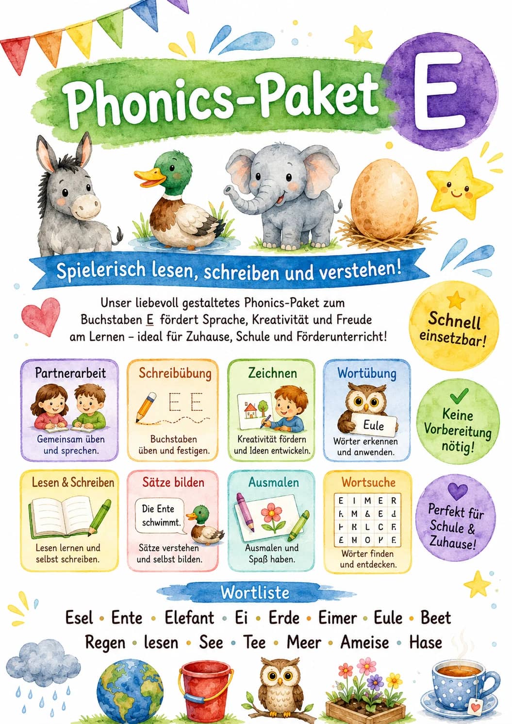 German Letter E Phonics Worksheets Pack printable worksheet pack preview from KiwiBee