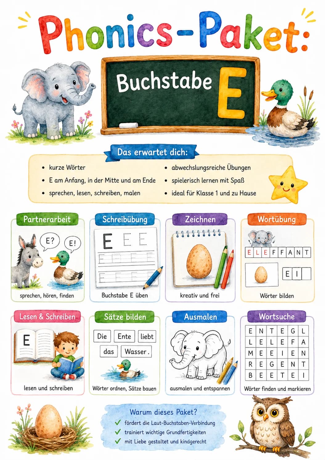 German Letter E Phonics Worksheets Pack printable worksheet pack preview from KiwiBee