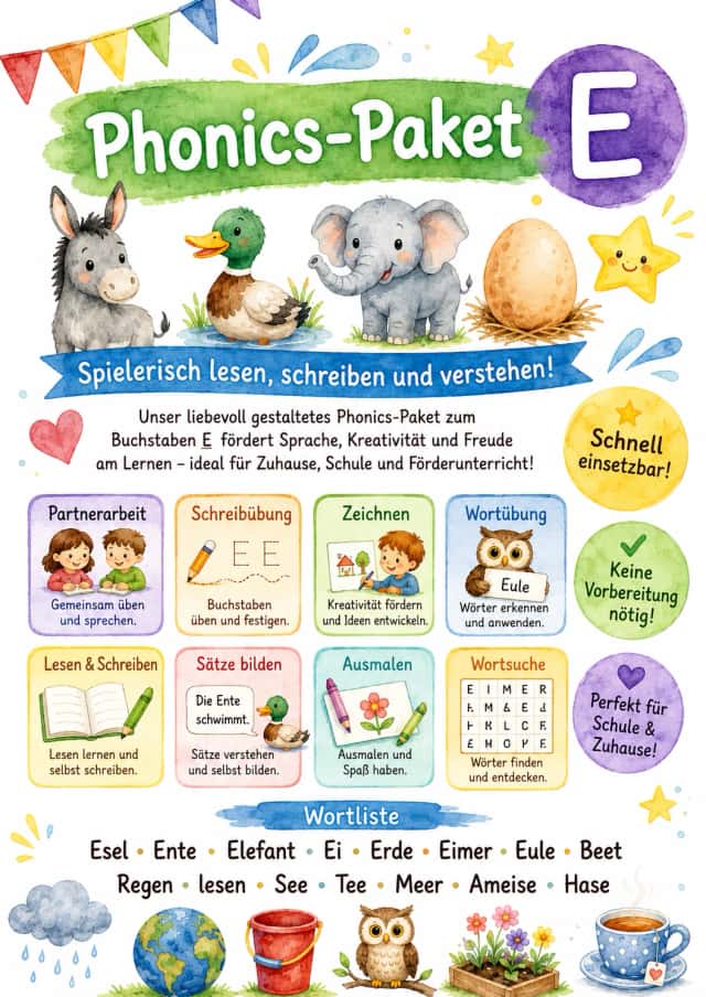 German Letter E Phonics Worksheets Pack