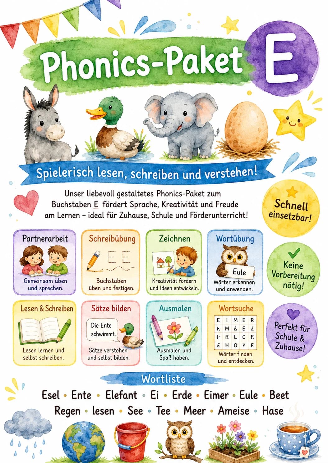 German Letter E Phonics Worksheets Pack page 2 printable worksheet preview
