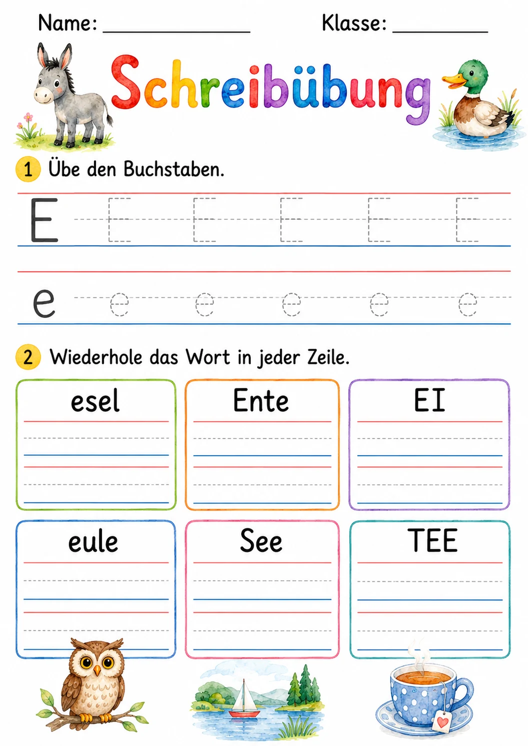 German Letter E Phonics Worksheets Pack page 6 printable worksheet preview