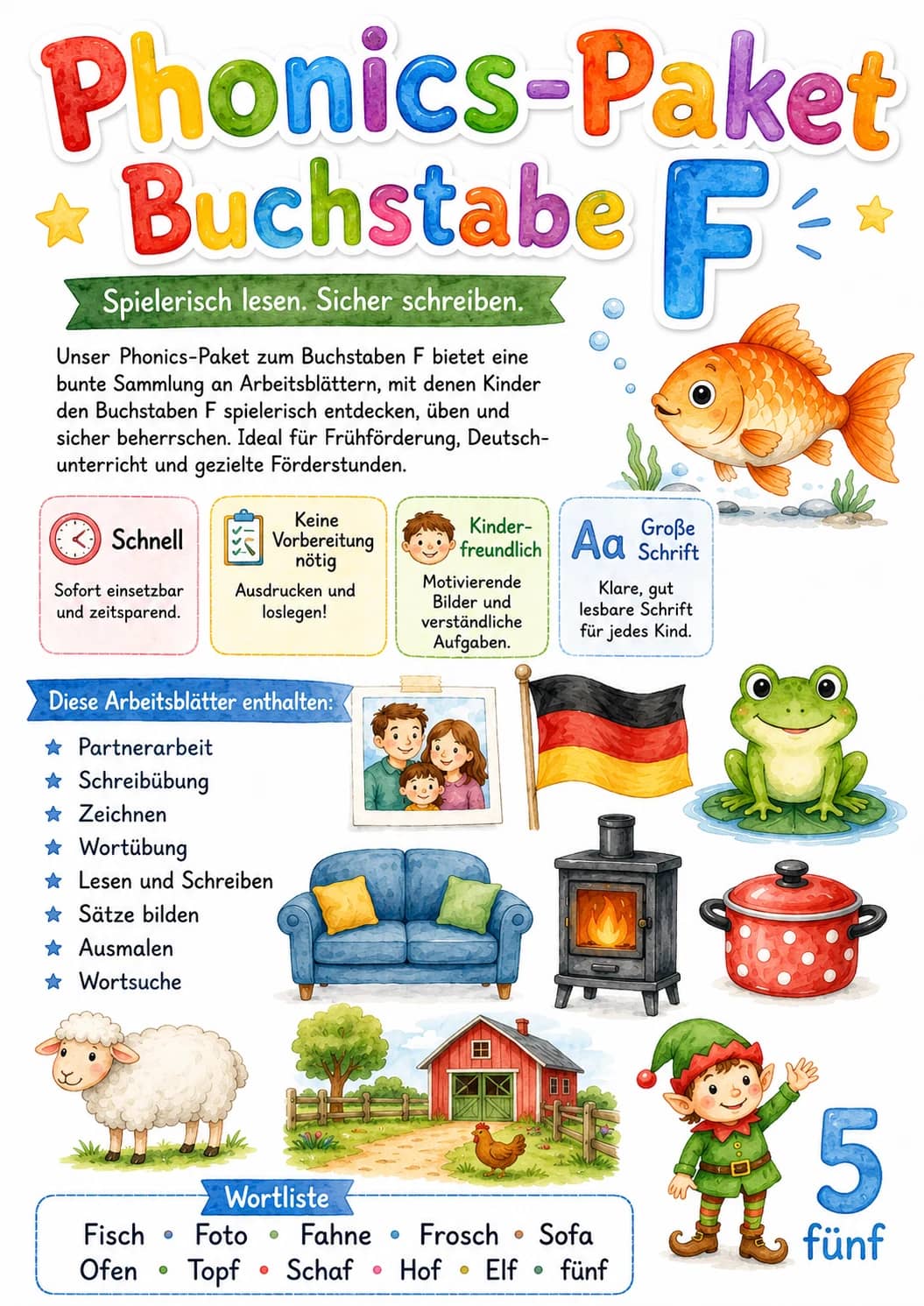 German Letter F Phonics Worksheets Pack printable worksheet pack preview from KiwiBee