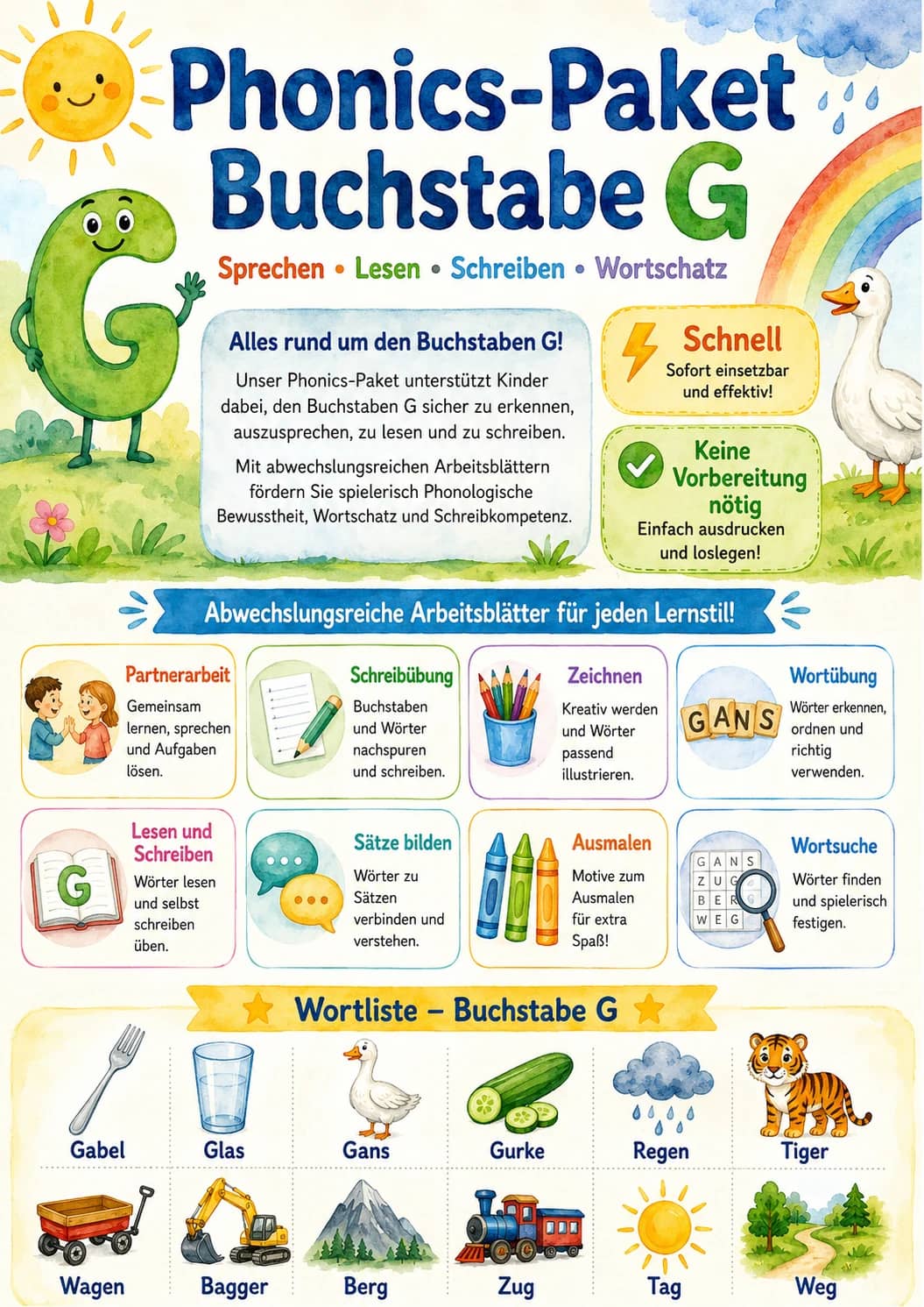 German Letter G Phonics Worksheets Pack printable worksheet pack preview from KiwiBee
