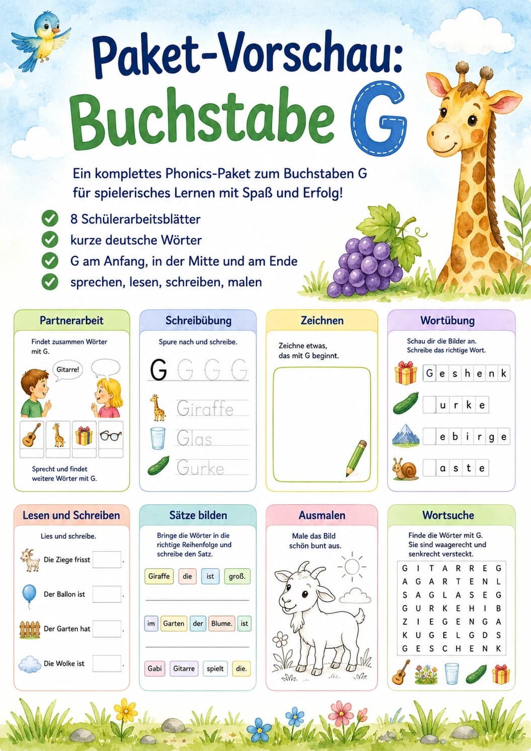 German Letter G Phonics Worksheets Pack page 10 printable worksheet preview