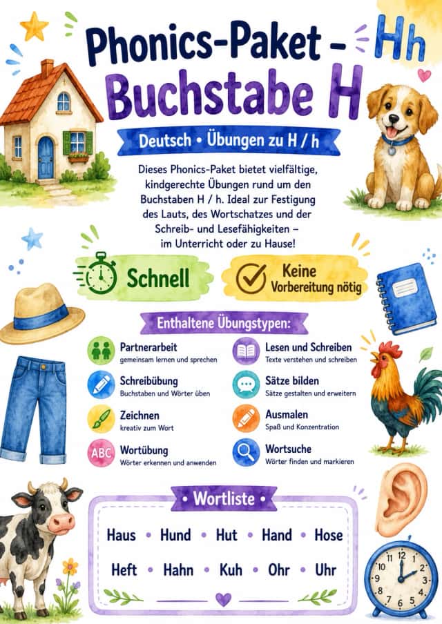 German Letter H Phonics Worksheets Pack