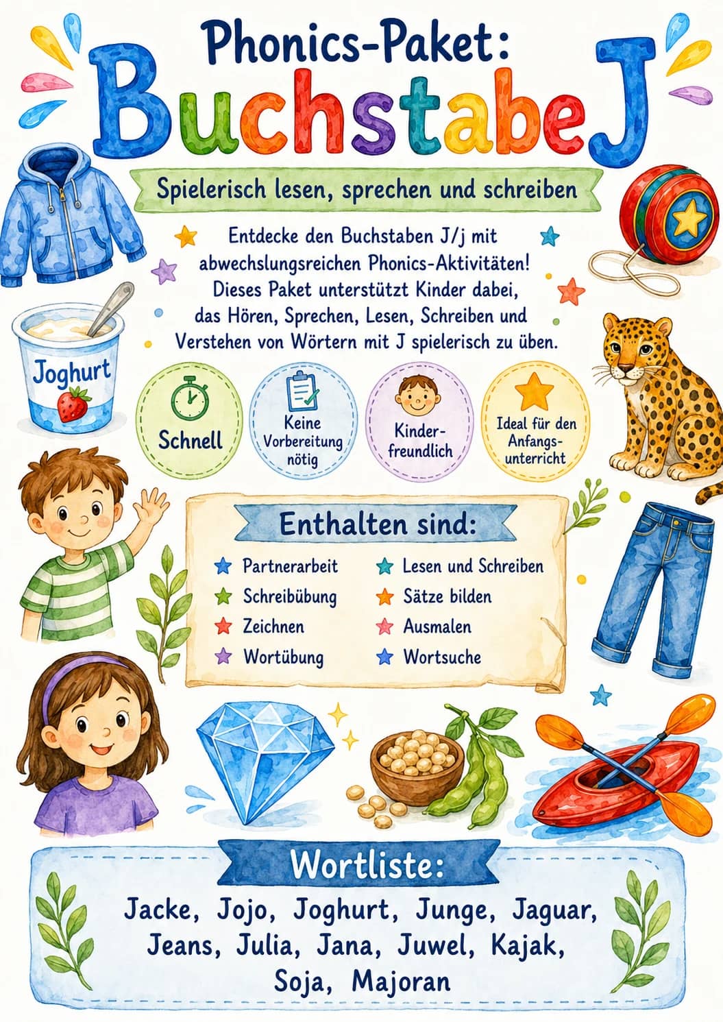 German Letter J Phonics Worksheets Pack printable worksheet pack preview from KiwiBee