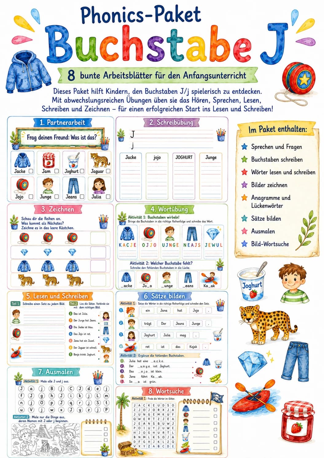 German Letter J Phonics Worksheets Pack printable worksheet pack preview from KiwiBee