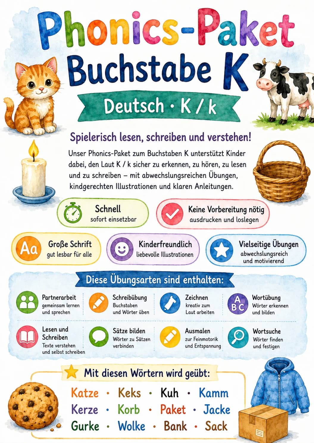 German Letter K Phonics Worksheets Pack printable worksheet pack preview from KiwiBee