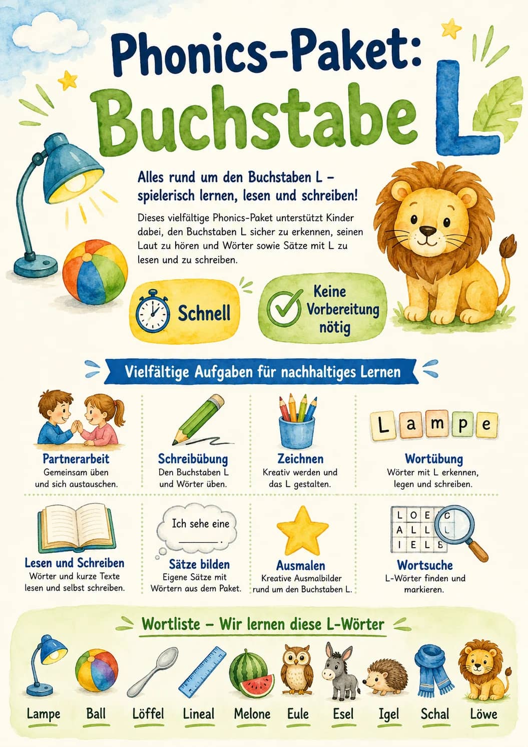 German Letter L Phonics Worksheets Pack printable worksheet pack preview from KiwiBee